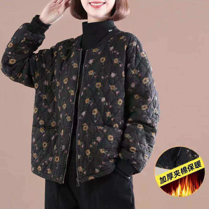 棉服女2025年秋冬新款大码宽松复古夹棉加厚棉麻百搭休闲印花棉衣