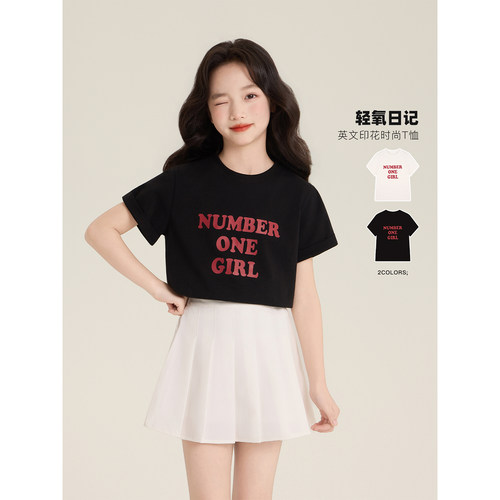 Amybaby女童上衣夏季2026新款青春风宽松显瘦圆领英文印花时尚T恤