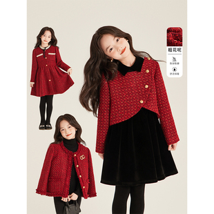 红色小香风高级连衣裙呢子夹棉外套 2025新款 Amybaby女童套装 冬季