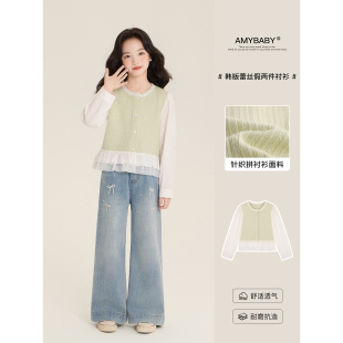 撞色蕾丝花边拼接假两件衬衣 韩版 Amybaby女童上衣春季 2026新款