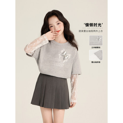 Amybaby女童复古百搭蕾丝假两件