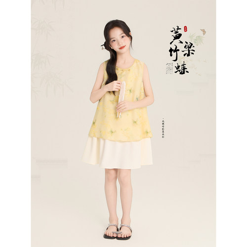 Amybaby女童裙子夏季2026新款中式印花盘扣假两件无袖旗袍连衣裙