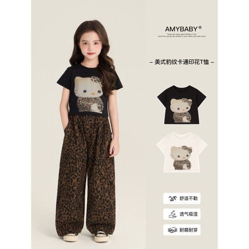 Amybaby女童上衣春季2026新款韩版休闲洋气kt猫豹纹卡通印花T恤