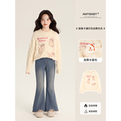 Amybaby女童上衣冬季 甜美卡通猫咪印花蕾丝加厚套头毛衣 2025新款