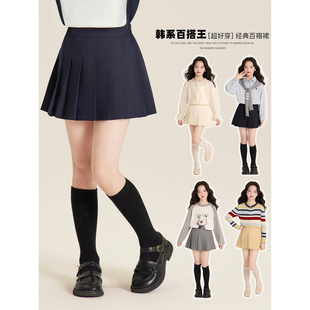 Amybaby女童裙子春夏季2026新款纯色简约百搭半身裙A字裙百褶裙