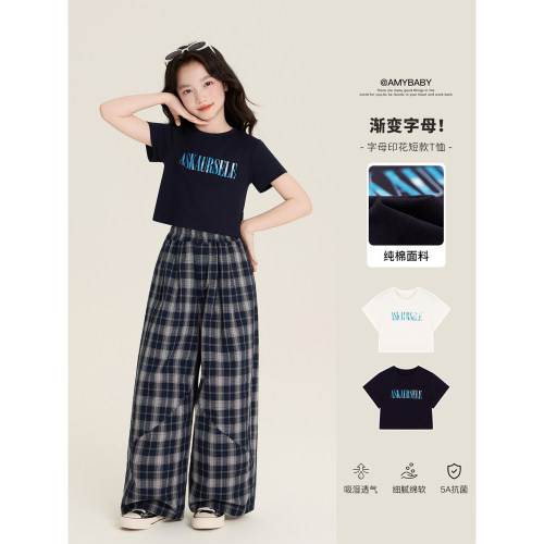Amybaby女童上衣夏季2026新款甜酷设计感小众字母印花短款T恤