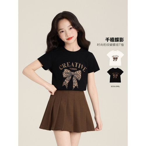 Amybaby女童上装夏季2026新款独特设计感豹纹蝴蝶结印花短袖上衣