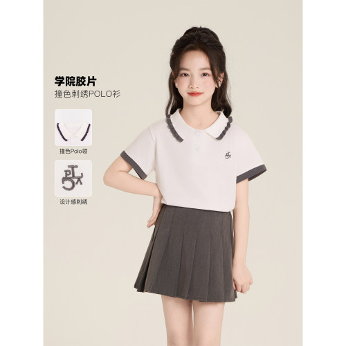 Amybaby女童上衣夏季2026新款休闲百搭花边拼接POLO衫短袖T恤