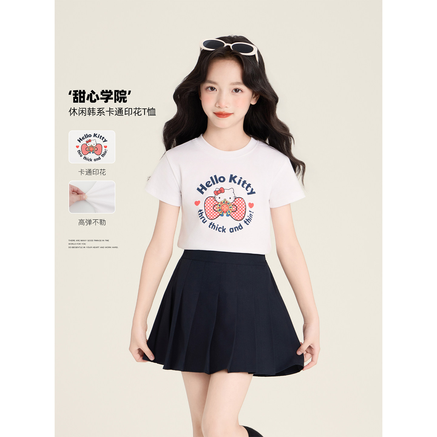 Amybaby女童上衣夏季2026新款简约甜美韩系卡通超好看猫咪印花T恤 - 实物图