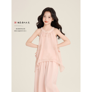 Amybaby女童套装夏季2026新款粉色立体不规则绣花挂脖上衣阔腿裤