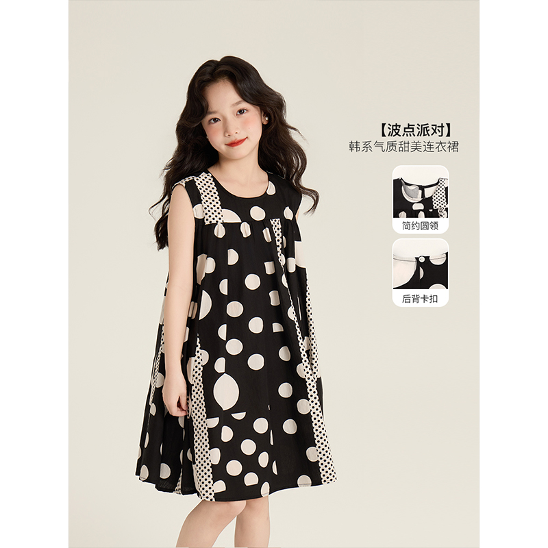 Amybaby女童上衣夏季2025新款波点气质韩系不规则宽松无袖连衣裙