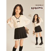 Amybaby女童衬衫 V领高级感上衣 儿童甜美气质蝴蝶结白色花边时尚