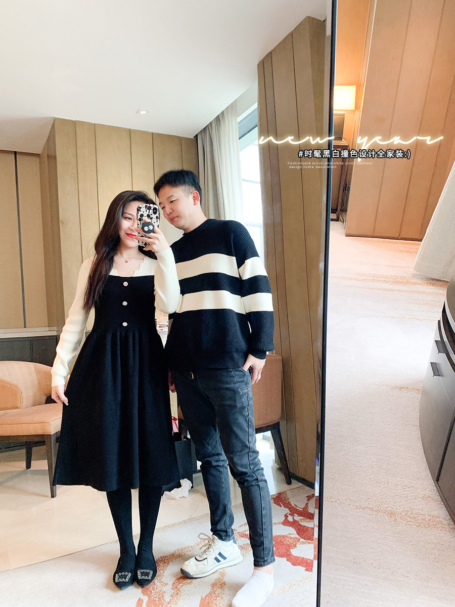 AMYBABY 가족 부모 - 자식 착용 여자 한국식 브이넥 드레스 겨울 신상 흑백 줄무늬 스웨터