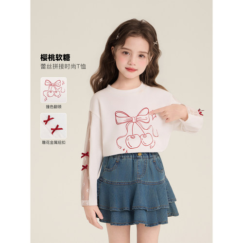 Amybaby女童上衣夏季2026新款韩系设计感蝴蝶结印花蕾丝长袖T恤