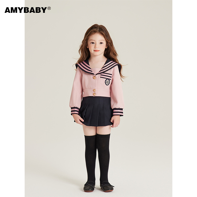 Amybaby女童上装秋季2024新款日系甜美水手学院风长袖V领制服上衣