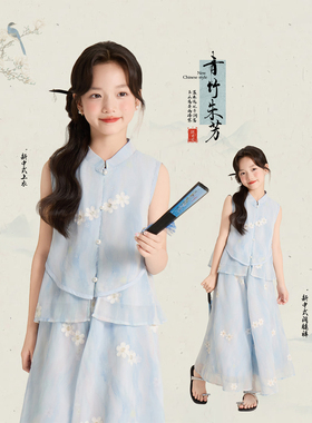Amybaby女童套装夏季2026新款新中式古典绣花上衣阔腿裤两件套