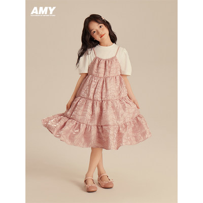 Amybaby女童连衣裙2024新款夏季儿童时髦气质甜妹吊带裙公主裙