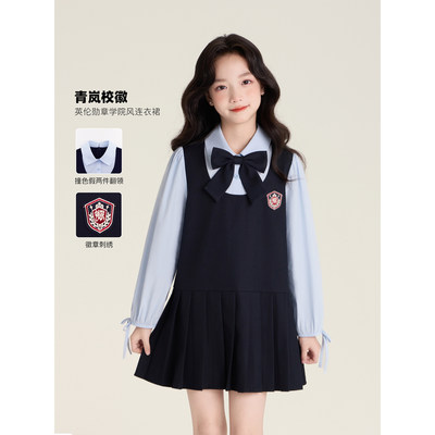 Amybaby女童连衣裙秋季2026新款学院风撞色蝴蝶结假两件背心裙