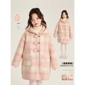 格纹连帽呢子大衣 保暖加绒中长款 Amybaby女童外套冬季 2025新款