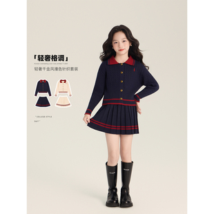 设计感polo领条纹针织上衣百褶裙 2025新款 Amybaby女童套装 秋季