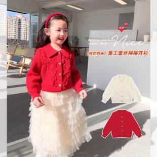 Amybaby女童针织衫 翻领甜美气质蕾丝拼接上衣外套 2023新款 冬季