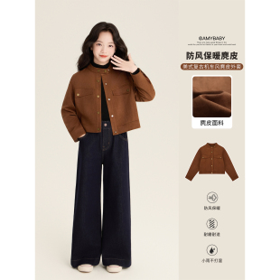 Amybaby女童套装冬季2026新款复古短款立领夹克外套格纹半身裙