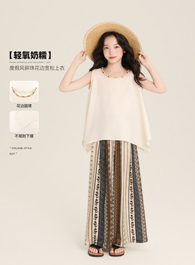 Amybaby女童上装夏季2026新款民族度假风风小众钉珠不规则上衣