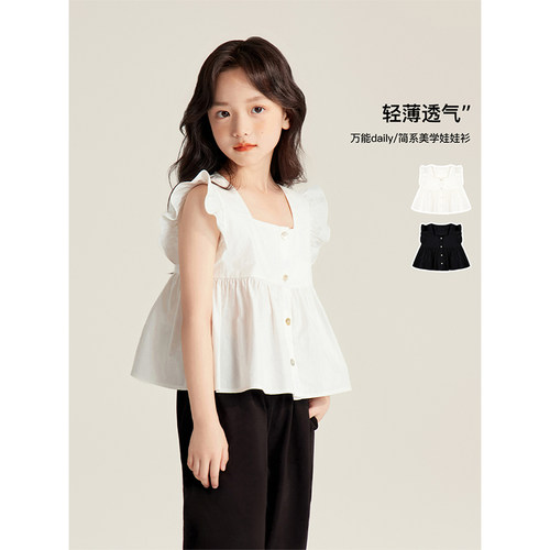 Amybaby女童上衣2026夏季新款韩版百搭时尚荷叶边方领飞袖衬衫