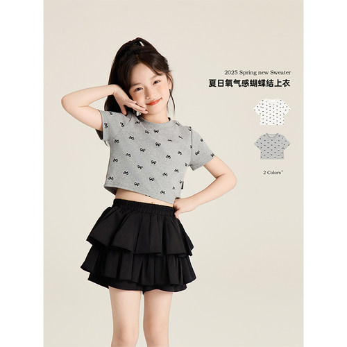 Amybaby女童短袖夏季2026新款儿童甜美可爱蝴蝶结印花圆领T恤上衣