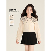 衬衫 Amybaby女童上衣春季 复古洋气刺绣娃娃领长袖 法式 2026新款