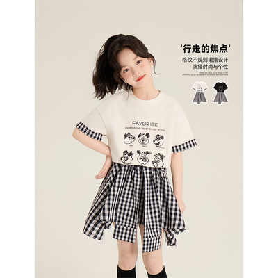 Amybaby女童连衣裙夏季2025新款假两件拼接衬衫不规则绑带格子裙