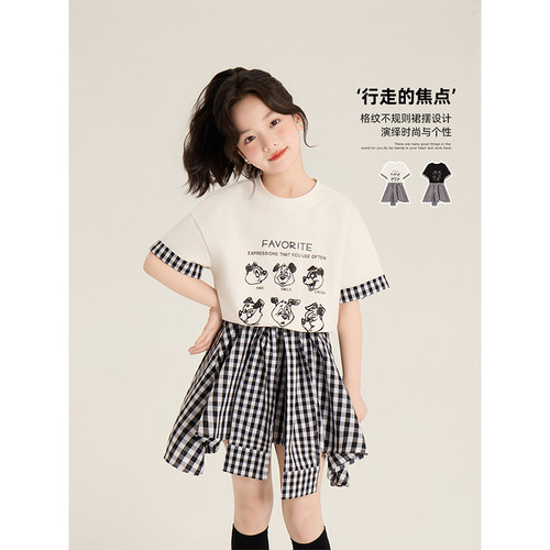 Amybaby女童连衣裙夏季2026新款假两件拼接衬衫不规则绑带格子裙