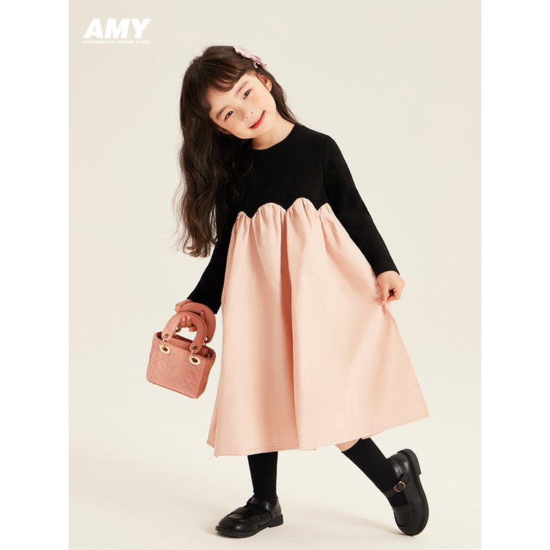 Amybaby女童连衣裙2025新款长袖高级感波浪复古简约拼接公主裙