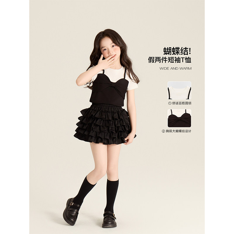Amybaby女童上衣秋季2025新款韩版拼接蝴蝶结吊带假两件T恤,童装/婴儿装/亲子装,T恤,淘宝优惠券,粉丝福利购,淘宝优惠卷