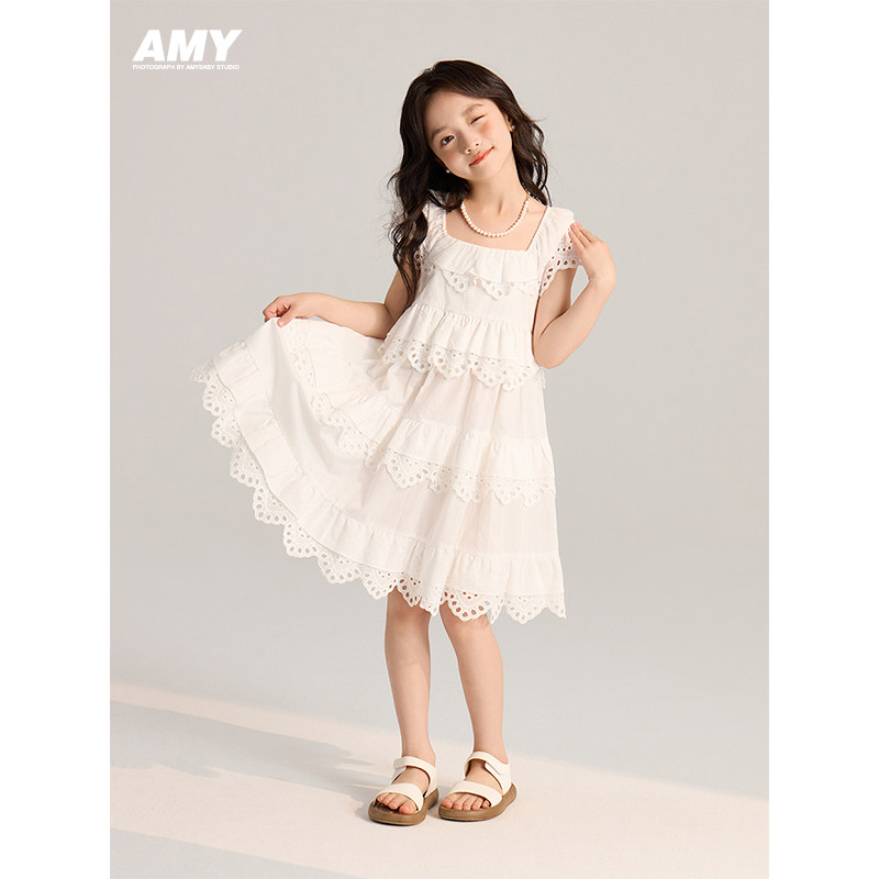 Amybaby女童连衣裙2026夏季新款公主裙洋气花边镂空小飞袖蛋糕裙图片