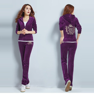 女士休闲大码 时尚 两件套潮 图案春秋金丝天鹅绒运动服修身 2020新款