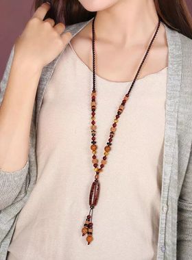 项链女民族风串珠旗袍高级感动毛衣链长玛瑙简约吊坠挂饰绳子配饰