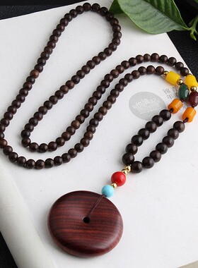 民族风毛衣链木质国风吊坠女