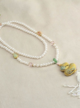 宋锦葫芦项链女新中式国风珍珠流苏毛衣链旗袍配饰串珠轻奢高级感