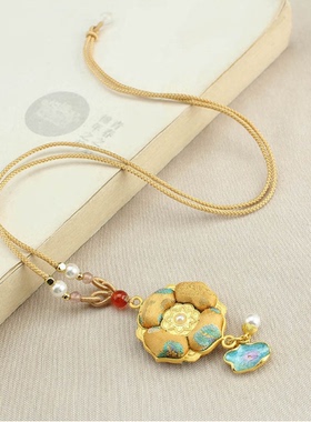 宋锦双面四叶花吊坠项链女长款新中式国风毛衣链旗袍配饰串珠挂件