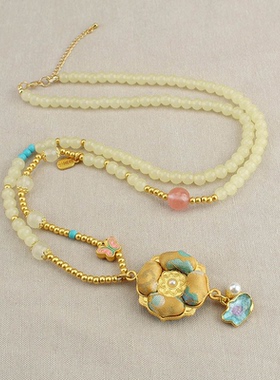 仿宋锦四叶花轻奢高级感项链女新中式国风毛衣链串珠汉服旗袍配饰