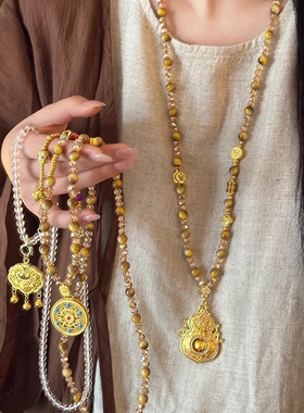 国风仿虎眼石水晶毛衣链项链新中式轻奢高级感复古衣服挂件配饰长