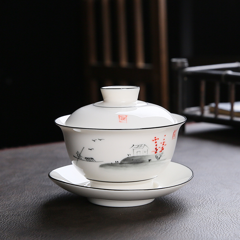 手绘三才盖碗单个高温陶瓷功夫茶具泡茶碗杯家用140ml敬茶杯创意