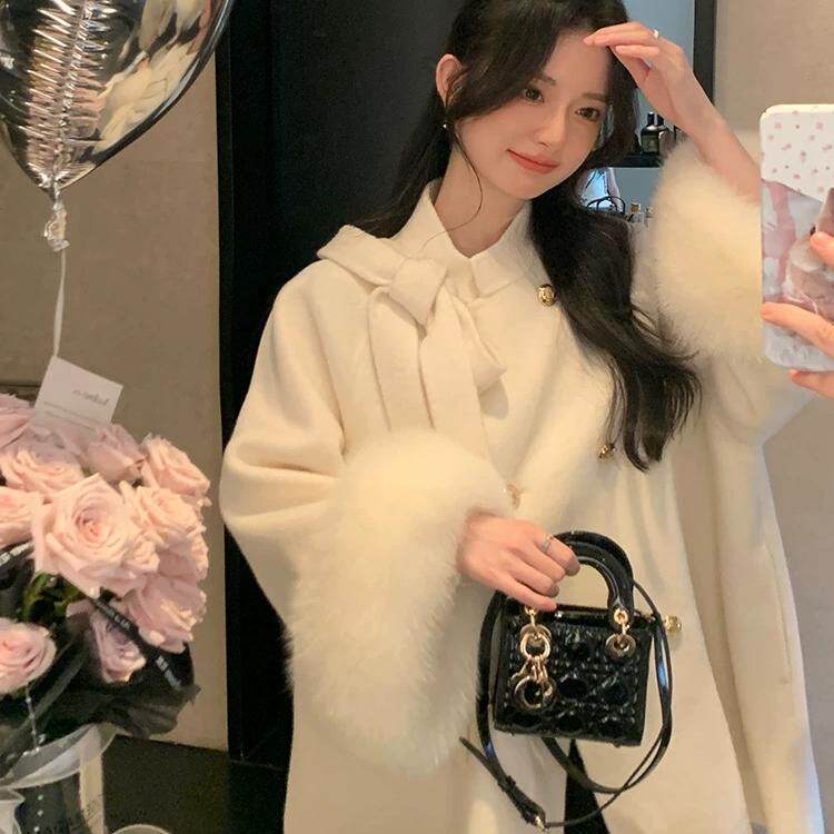 海宁赵大青皮草富家千金羊毛双面呢大衣女蝴蝶结狐狸毛毛呢外套冬