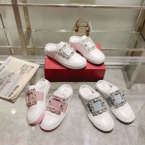 2026夏季新款真皮水钻方扣包头半拖平底防滑厚底鞋圆头休闲拖鞋女