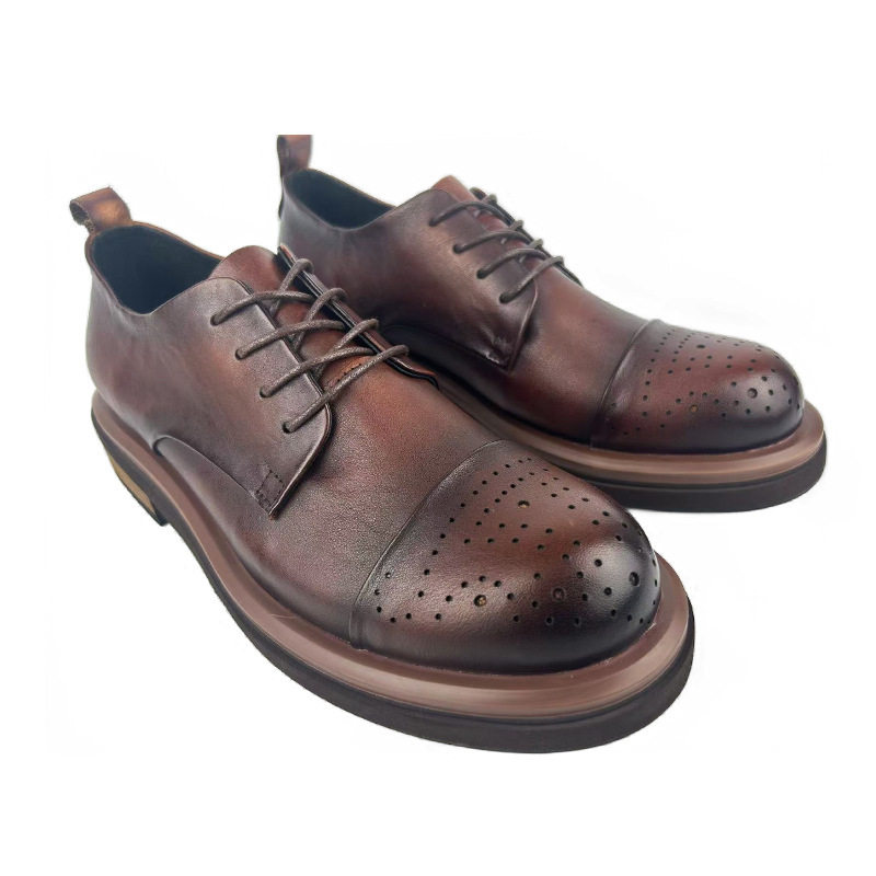 外贸布洛克雕花男鞋三接头英伦休闲皮鞋牛皮复古手工做旧厚底男鞋