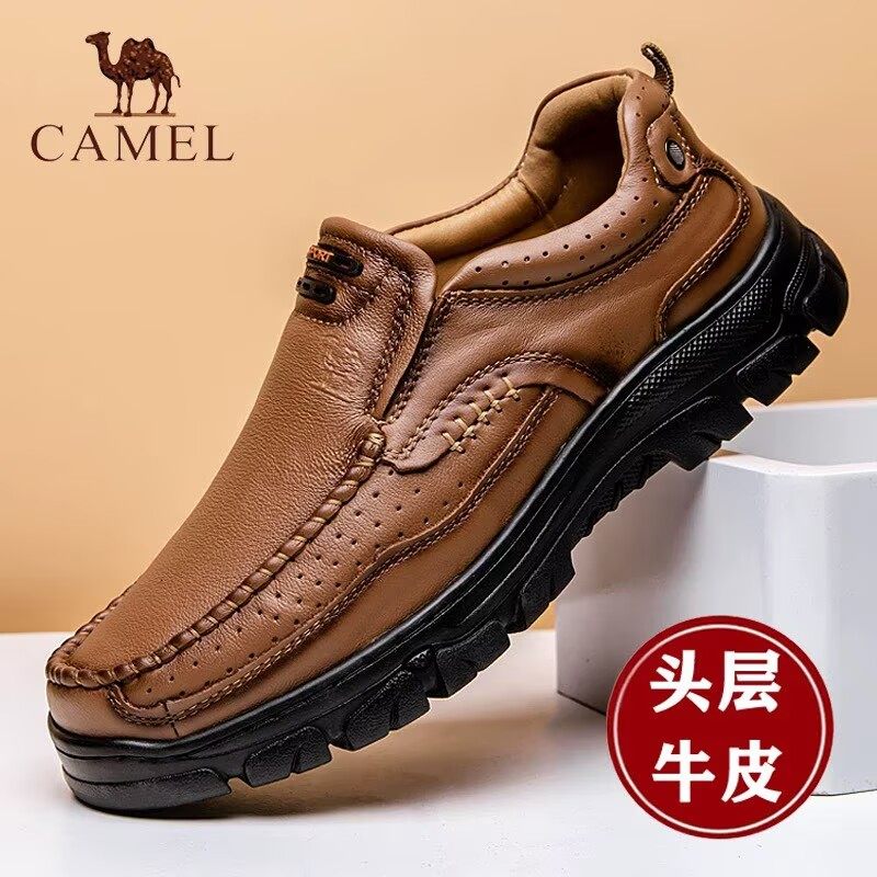 骆驼男鞋真皮休闲皮鞋一脚蹬头层牛皮男士套脚软底耐磨防滑爸爸鞋