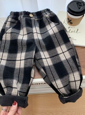 男女童一体绒裤子冬季新款韩版洋气格子裤儿童装休闲裤小童加绒