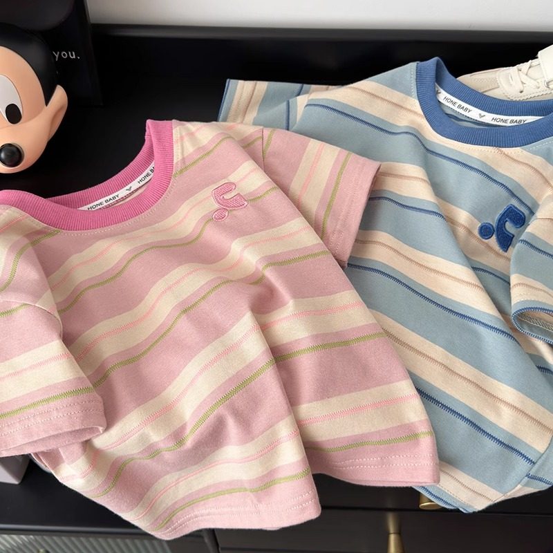 2025新款男女童条纹短袖夏季儿童宽松圆领T恤透气百搭休闲上衣潮,童装/婴儿装/亲子装,T恤,淘宝优惠券,粉丝福利购,淘宝优惠卷