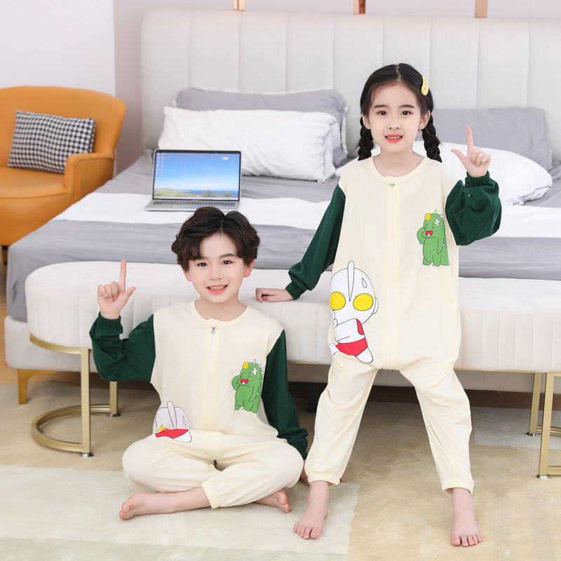 COTTON CHILDRENS ONE-PIECE PAJAMAS SPRING AND AUTUMN THIN BOYS MIDDLE AND LARGE CHILDREN GIRLS ONE-PIECE LOUNGEWEAR ANTI-KICK BELLY PROTECTION LONG SLEEVES